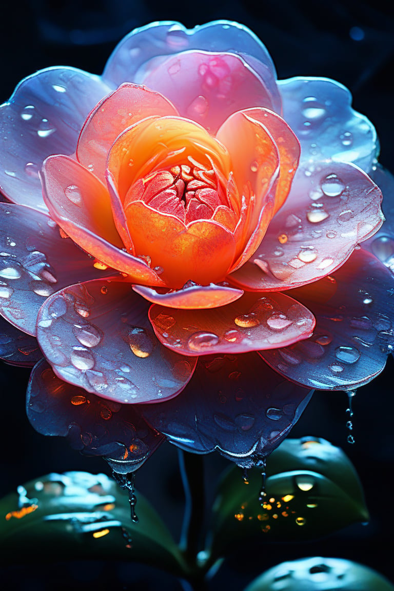 masterpiece, 8k, HDR, best quality, (highly detailed skin), photography, analog style, real life, extremely beautiful, (highly detailed, intricately detailed), (alluring eyes), depiction of a bioluminescent flower with bright, sharp, staring eyes, camellia's petals attached to water droplets, mimics the texture seen in sculptural artwork, delicate combination of oil and marker lines on cracked epoxy glass, ultra-fine illumination, highly stylized and dramatic, (3D) image