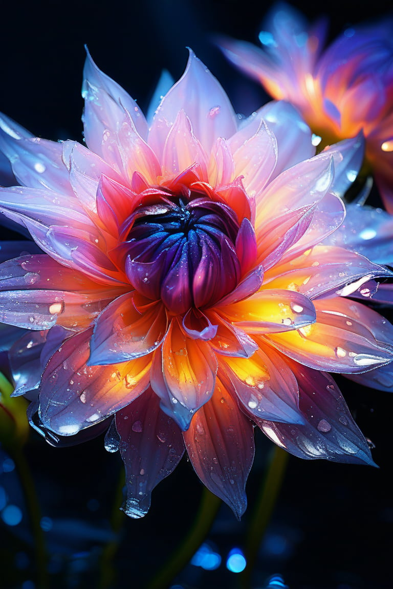 masterpiece, 8k, HDR, best quality, (highly detailed skin), photography, analog style, real life, extremely beautiful, (highly detailed, intricately detailed), (alluring eyes), depiction of a bioluminescent flower with bright, sharp, staring eyes, dahlia's petals attached to water droplets, mimics the texture seen in sculptural artwork, delicate combination of oil and marker lines on cracked epoxy glass, ultra-fine illumination, highly stylized and dramatic, (3D) image