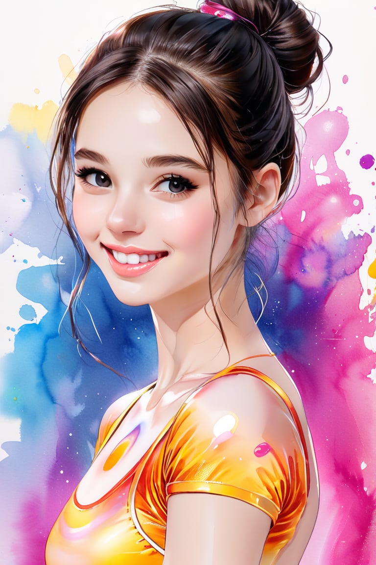 ek_art_b00ster, a pencil sketch of 1girl in pastel art blended with alcohol ink style, dark long hair, chignon, kind smile, a mesmerizing beautiful face, colorful rhythmic gymnastics uniform, unreal engine rendering, masterpiece, best quality, 