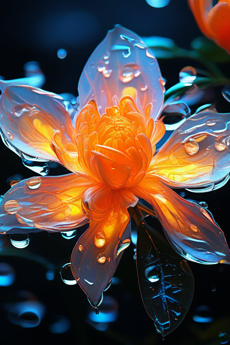 masterpiece, 8k, HDR, best quality, (highly detailed skin), photography, analog style, real life, extremely beautiful, (highly detailed, intricately detailed), (alluring eyes), depiction of a bioluminescent flower with bright, sharp, staring eyes, tangerine's petals attached to water droplets, mimics the texture seen in sculptural artwork, delicate combination of oil and marker lines on cracked epoxy glass, ultra-fine illumination, highly stylized and dramatic, (3D) image