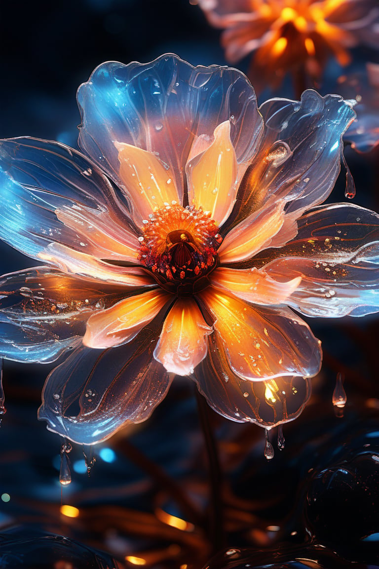 masterpiece, 8k, HDR, best quality, (highly detailed skin), photography, analog style, real life, extremely beautiful, (highly detailed, intricately detailed), (alluring eyes), depiction of a bioluminescent flower with bright, sharp, staring eyes, cosmos's petals attached to water droplets, mimics the texture seen in sculptural artwork, delicate combination of oil and marker lines on cracked epoxy glass, ultra-fine illumination, highly stylized and dramatic, (3D) image