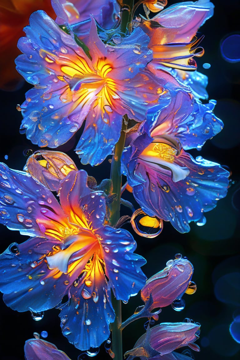 masterpiece, 8k, HDR, best quality, (highly detailed skin), photography, analog style, real life, extremely beautiful, (highly detailed, intricately detailed), (alluring eyes), depiction of a bioluminescent flower with bright, sharp, staring eyes, Delphinium's petals attached to water droplets, mimics the texture seen in sculptural artwork, delicate combination of oil and marker lines on cracked epoxy glass, ultra-fine illumination, highly stylized and dramatic, (3D) image