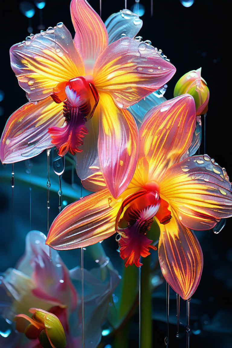 masterpiece, 8k, HDR, best quality, (highly detailed skin), photography, analog style, real life, extremely beautiful, (highly detailed, intricately detailed), (alluring eyes), depiction of a bioluminescent flower with bright, sharp, staring eyes, Cymbidium's petals attached to water droplets, mimics the texture seen in sculptural artwork, delicate combination of oil and marker lines on cracked epoxy glass, ultra-fine illumination, highly stylized and dramatic, (3D) image