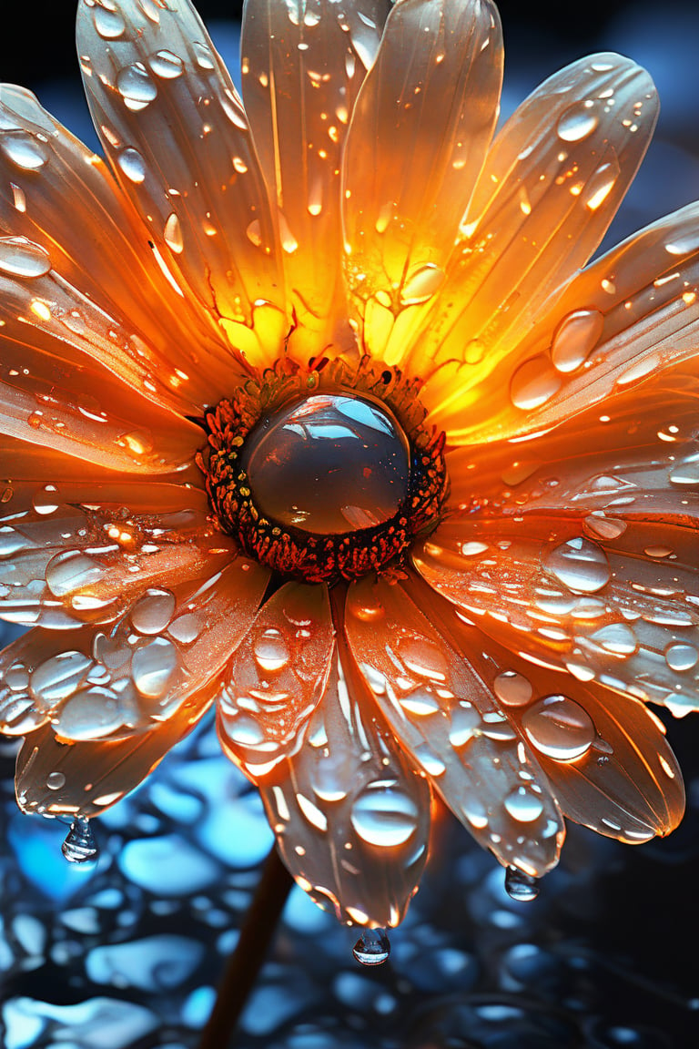 masterpiece, 8k, HDR, best quality, (highly detailed skin), photography, analog style, real life, extremely beautiful, (highly detailed, intricately detailed), (alluring eyes), depiction of a bioluminescent flower with bright, sharp, staring eyes, daisy's petals attached to water droplets, mimics the texture seen in sculptural artwork, delicate combination of oil and marker lines on cracked epoxy glass, ultra-fine illumination, highly stylized and dramatic, (3D) image