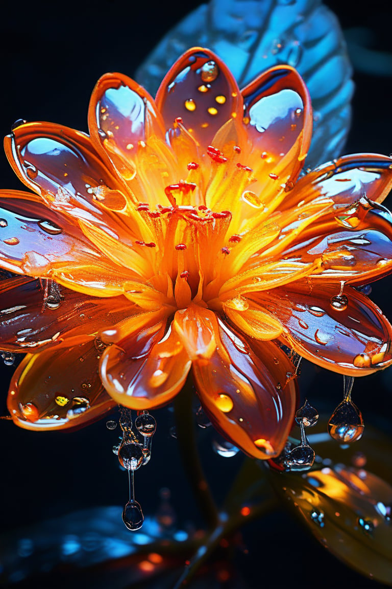 masterpiece, 8k, HDR, best quality, (highly detailed skin), photography, analog style, real life, extremely beautiful, (highly detailed, intricately detailed), (alluring eyes), depiction of a bioluminescent flower with bright, sharp, staring eyes, kumquat's petals attached to water droplets, mimics the texture seen in sculptural artwork, delicate combination of oil and marker lines on cracked epoxy glass, ultra-fine illumination, highly stylized and dramatic, (3D) image