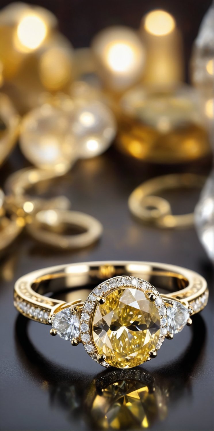 Imagine the following scene:

a yellow diamond ring with intricate gold adornment and has many details that adorn and embellish the ring, sparkle, glow blur background, decorated placement

(photorealistic), masterpiece: 1.5, beautiful lighting, best quality, beautiful lighting, realistic and natural image, intricate details, everything in focus, perfect focus, photography, masterpiece, small nuances, Supreme Resolution, 32K, ultra-sharp quality and details.