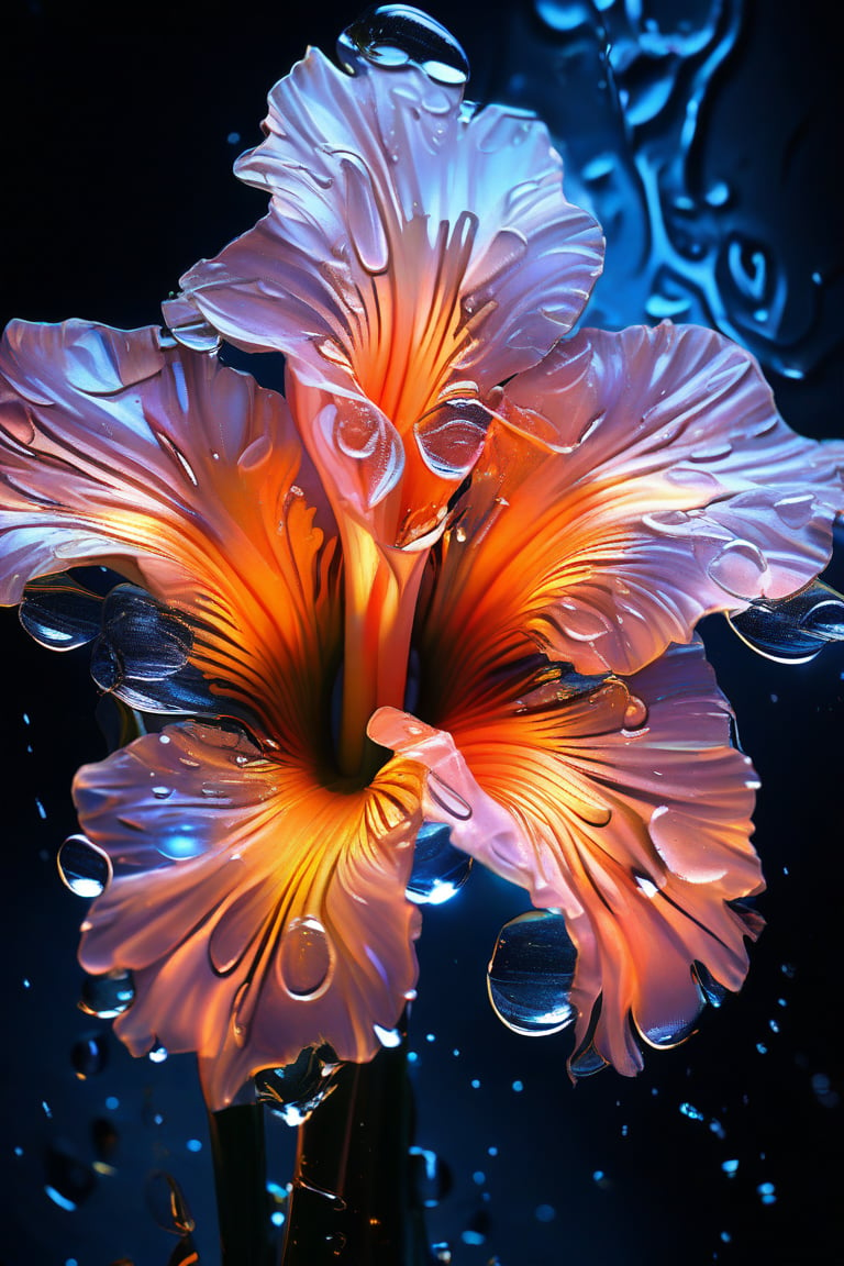 masterpiece, 8k, HDR, best quality, (highly detailed skin), photography, analog style, real life, extremely beautiful, (highly detailed, intricately detailed), (alluring eyes), depiction of a bioluminescent flower with bright, sharp, staring eyes, gladiolus's petals attached to water droplets, mimics the texture seen in sculptural artwork, delicate combination of oil and marker lines on cracked epoxy glass, ultra-fine illumination, highly stylized and dramatic, (3D) image