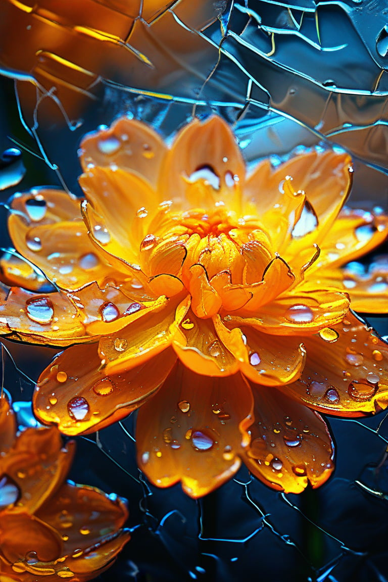 masterpiece, 8k, HDR, best quality, (highly detailed skin), photography, analog style, real life, extremely beautiful, (highly detailed, intricately detailed), (alluring eyes), depiction of a bioluminescent flower with bright, sharp, staring eyes, marigold's petals attached to water droplets, mimics the texture seen in sculptural artwork, delicate combination of oil and marker lines on cracked epoxy glass, ultra-fine illumination, highly stylized and dramatic, (3D) image