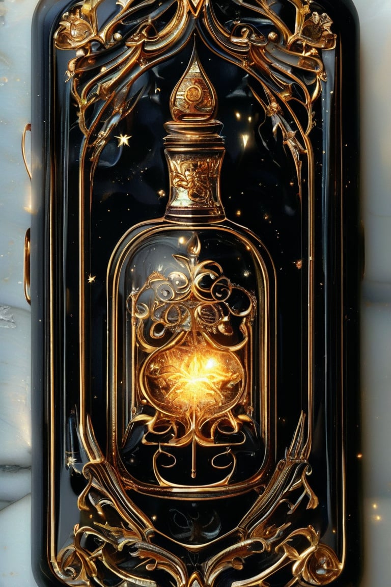 a black rectangular potion with intricate gold adornment, sparkle, glow
