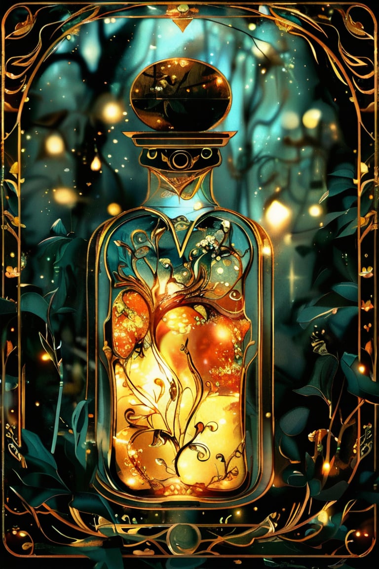 a dark forest rectangular potion with intricate gold adornment, sparkle, glow blur background, decorated placement
