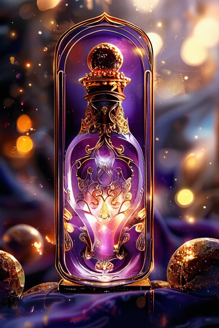 a purple rectangular potion with intricate gold adornment, sparkle, glow blur background, decorated placement
