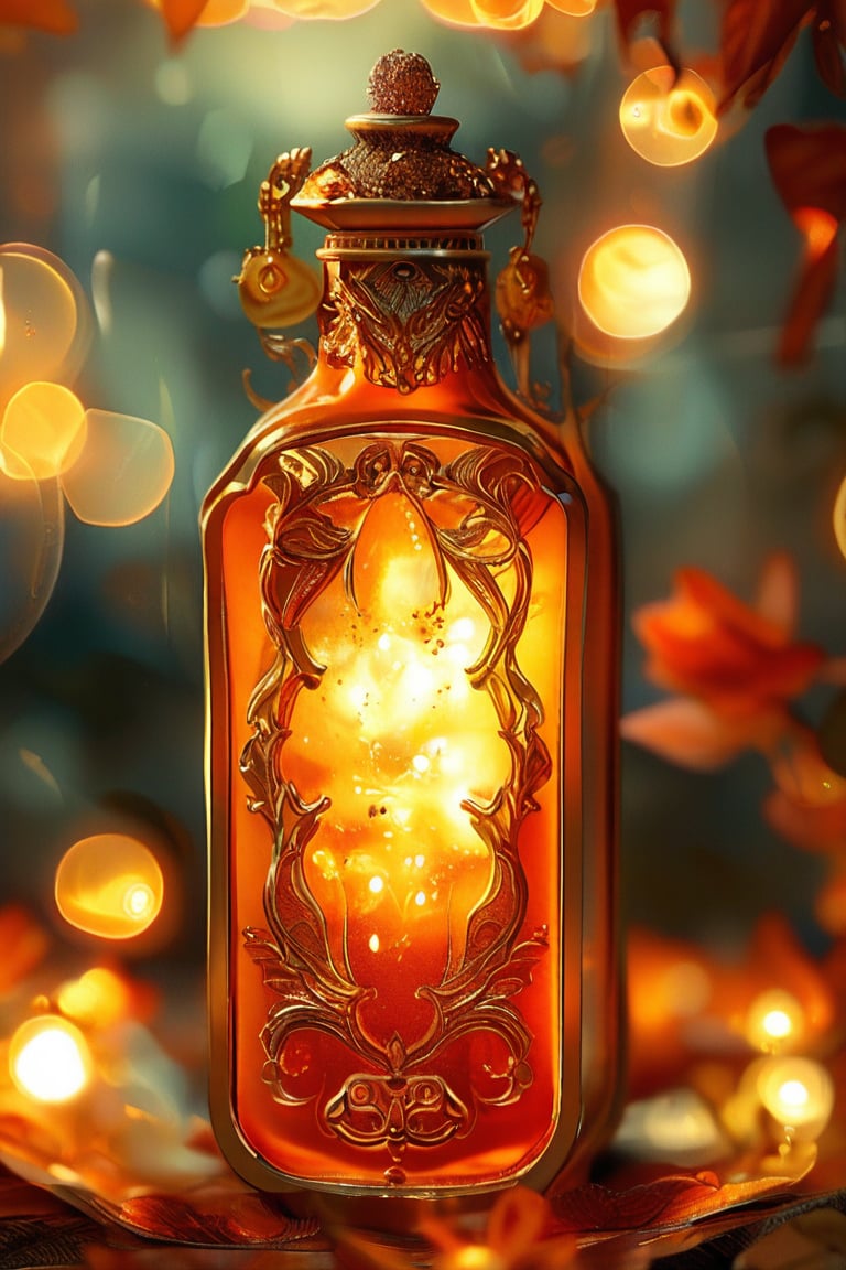 a orange rectangular potion with intricate gold adornment, sparkle, glow blur background, decorated placement
