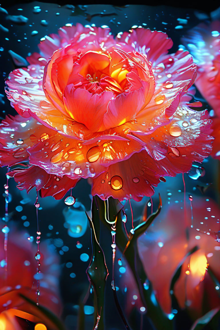 masterpiece, 8k, HDR, best quality, (highly detailed skin), photography, analog style, real life, extremely beautiful, (highly detailed, intricately detailed), (alluring eyes), depiction of a bioluminescent flower with bright, sharp, staring eyes, carnation's petals attached to water droplets, mimics the texture seen in sculptural artwork, delicate combination of oil and marker lines on cracked epoxy glass, ultra-fine illumination, highly stylized and dramatic, (3D) image