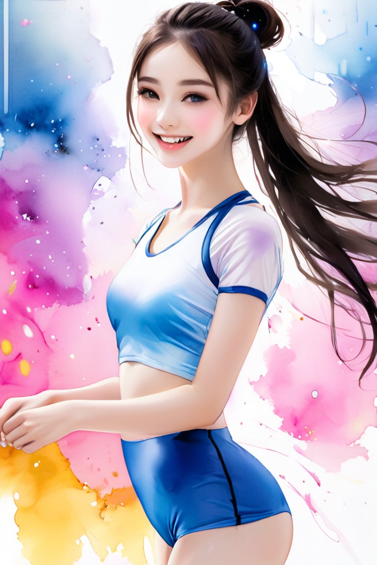 ek_art_b00ster, a pencil sketch of 1girl in pastel art blended with alcohol ink style, dark long hair, chignon, kind smile, a mesmerizing beautiful face, rhythmic gymnastics uniform, unreal engine rendering, masterpiece, best quality, full body