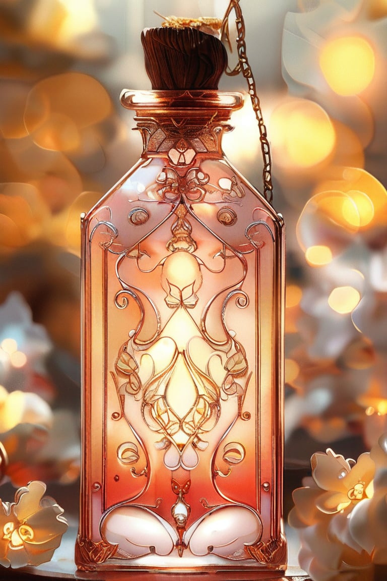 a peach color rectangular potion with intricate gold adornment, sparkle, glow blur background, decorated placement
