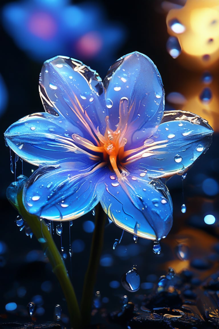 masterpiece, 8k, HDR, best quality, (highly detailed skin), photography, analog style, real life, extremely beautiful, (highly detailed, intricately detailed), (alluring eyes), depiction of a bioluminescent flower with bright, sharp, staring eyes, bluebell's petals attached to water droplets, mimics the texture seen in sculptural artwork, delicate combination of oil and marker lines on cracked epoxy glass, ultra-fine illumination, highly stylized and dramatic, (3D) image