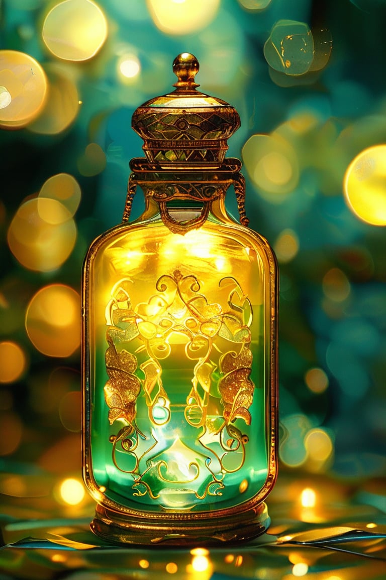 a yellow-green rectangular potion with intricate gold adornment, sparkle, glow blur background, decorated placement
