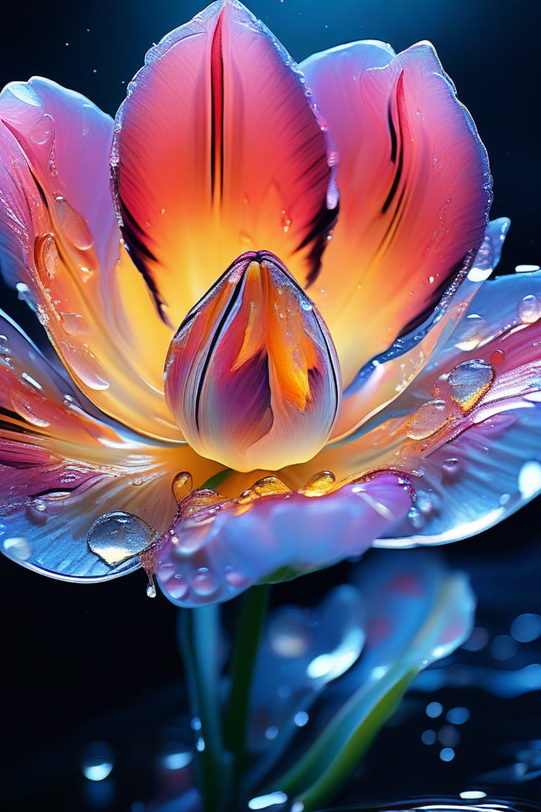 masterpiece, 8k, HDR, best quality, (highly detailed skin), photography, analog style, real life, extremely beautiful, (highly detailed, intricately detailed), (alluring eyes), depiction of a bioluminescent flower with bright, sharp, staring eyes, tulip's petals attached to water droplets, mimics the texture seen in sculptural artwork, delicate combination of oil and marker lines on cracked epoxy glass, ultra-fine illumination, highly stylized and dramatic, (3D) image