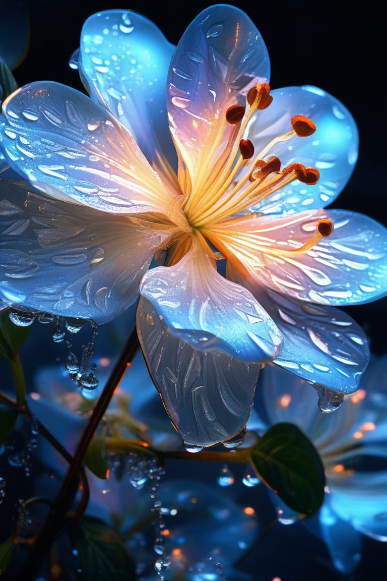 masterpiece, 8k, HDR, best quality, (highly detailed skin), photography, analog style, real life, extremely beautiful, (highly detailed, intricately detailed), (alluring eyes), depiction of a bioluminescent flower with bright, sharp, staring eyes, Jasminum sambac's petals attached to water droplets, mimics the texture seen in sculptural artwork, delicate combination of oil and marker lines on cracked epoxy glass, ultra-fine illumination, highly stylized and dramatic, (3D) image