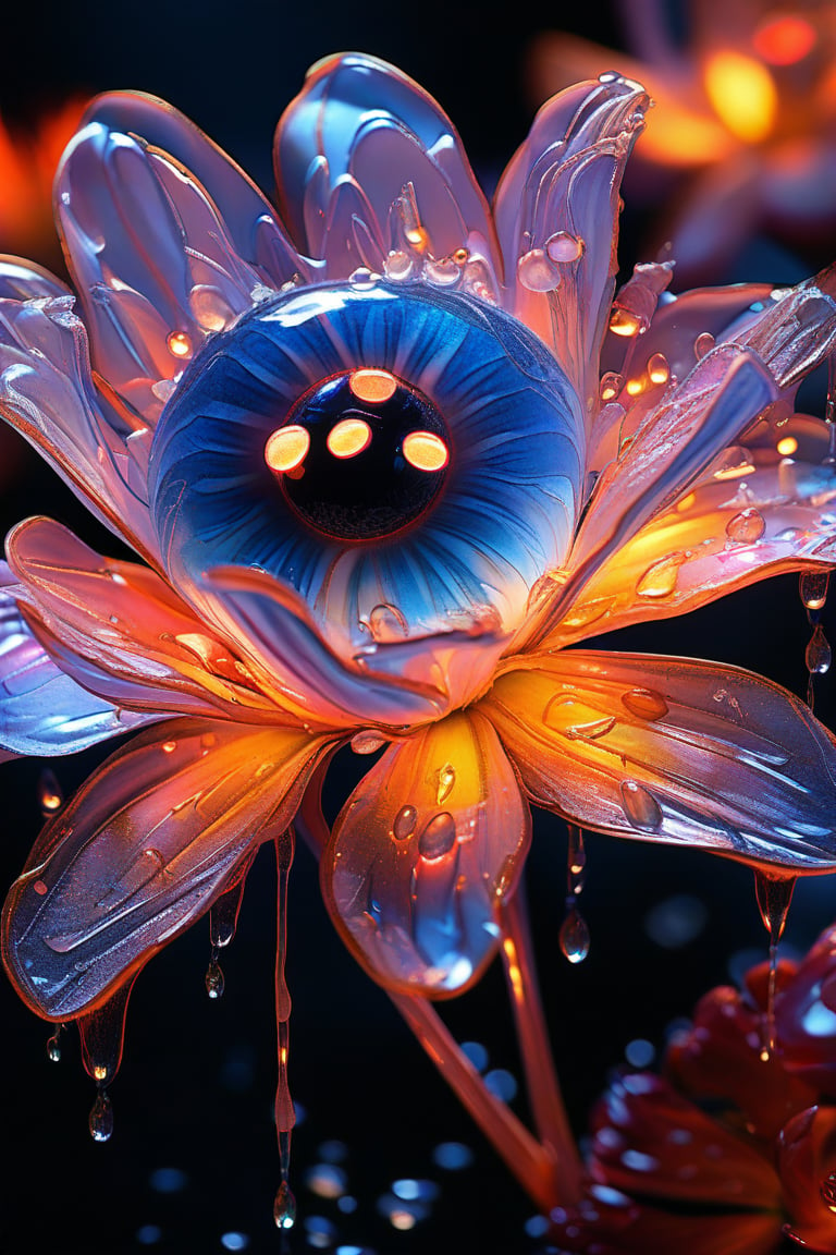 masterpiece, 8k, HDR, best quality, (highly detailed skin), photography, analog style, real life, extremely beautiful, (highly detailed, intricately detailed), (alluring eyes), depiction of a bioluminescent flower with bright, sharp, staring eyes, Padauk's petals attached to water droplets, mimics the texture seen in sculptural artwork, delicate combination of oil and marker lines on cracked epoxy glass, ultra-fine illumination, highly stylized and dramatic, (3D) image