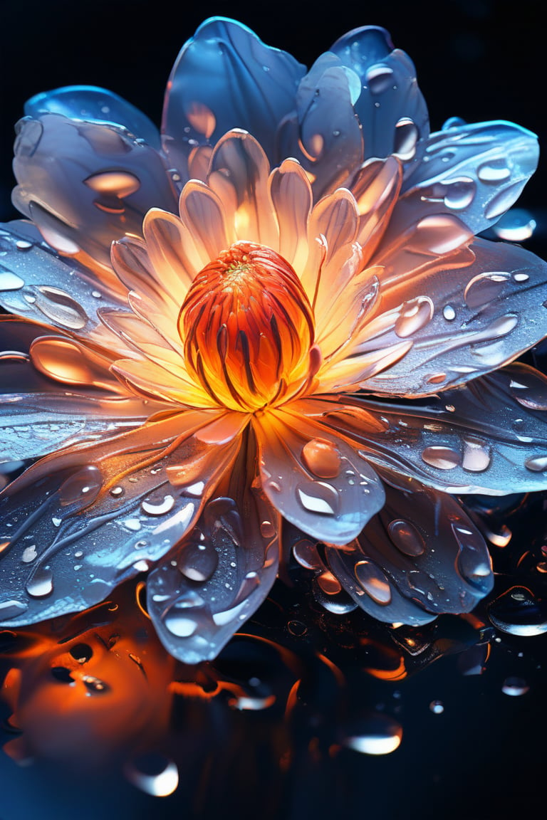 masterpiece, 8k, HDR, best quality, (highly detailed skin), photography, analog style, real life, extremely beautiful, (highly detailed, intricately detailed), (alluring eyes), depiction of a bioluminescent flower with bright, sharp, staring eyes, blossom's petals attached to water droplets, mimics the texture seen in sculptural artwork, delicate combination of oil and marker lines on cracked epoxy glass, ultra-fine illumination, highly stylized and dramatic, (3D) image