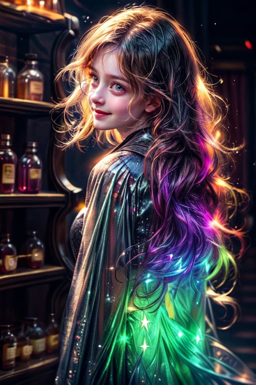 Medieval castle room, ((Cute girl like Harry Potter)), smiling, brown mesh hair, wearing round glasses, black robe, (A lot of colorfully glowing potion ampule crystal bottles are placed on the shelf behind: 1.4), 5 supple and beautiful fingers, 2 arms, physiologically correct body, masterpiece, ultra-detailed, high resolution, 8K, HD, realistic rendering, reality-based rendering, Unreal Engine, intricate details, (noise reduction), solo, Detailedface, realism, raw photo, photo, photorealism, photography, 1 girl, young beauty spirit, world's best face, Enhance, Detailedface, perfect, 1 girl, (8k sharp focus), ultra photorealism, details, color booster, on the road, ((photography_light)), European girl, (face make_up), epiC35mm, (facing forward: 1), sparkling background, no makeup, rainbow, translucent colorful robe