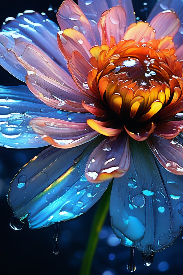 masterpiece, 8k, HDR, best quality, (highly detailed skin), photography, analog style, real life, extremely beautiful, (highly detailed, intricately detailed), (alluring eyes), depiction of a bioluminescent flower with bright, sharp, staring eyes, zinnia's petals attached to water droplets, mimics the texture seen in sculptural artwork, delicate combination of oil and marker lines on cracked epoxy glass, ultra-fine illumination, highly stylized and dramatic, (3D) image