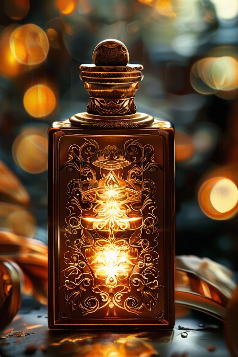 a brown rectangular potion with intricate gold adornment, sparkle, glow blur background, decorated placement
