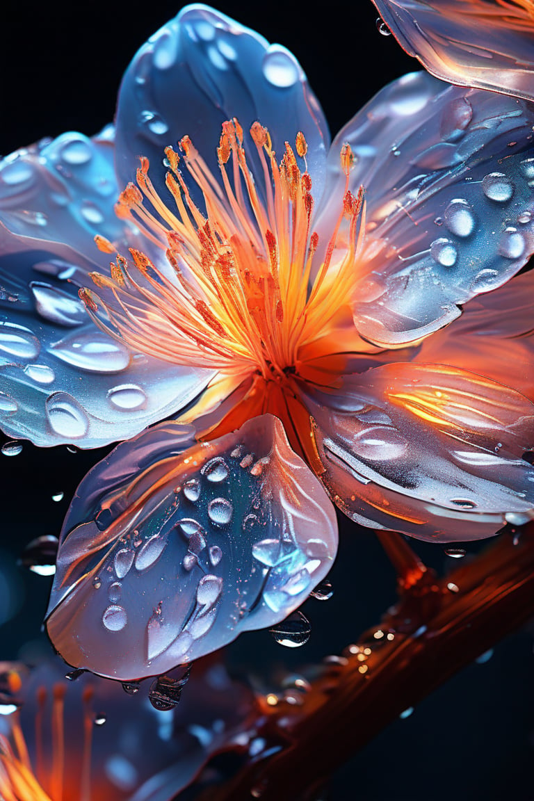 masterpiece, 8k, HDR, best quality, (highly detailed skin), photography, analog style, real life, extremely beautiful, (highly detailed, intricately detailed), (alluring eyes), depiction of a bioluminescent flower with bright, sharp, staring eyes, acacia's petals attached to water droplets, mimics the texture seen in sculptural artwork, delicate combination of oil and marker lines on cracked epoxy glass, ultra-fine illumination, highly stylized and dramatic, (3D) image