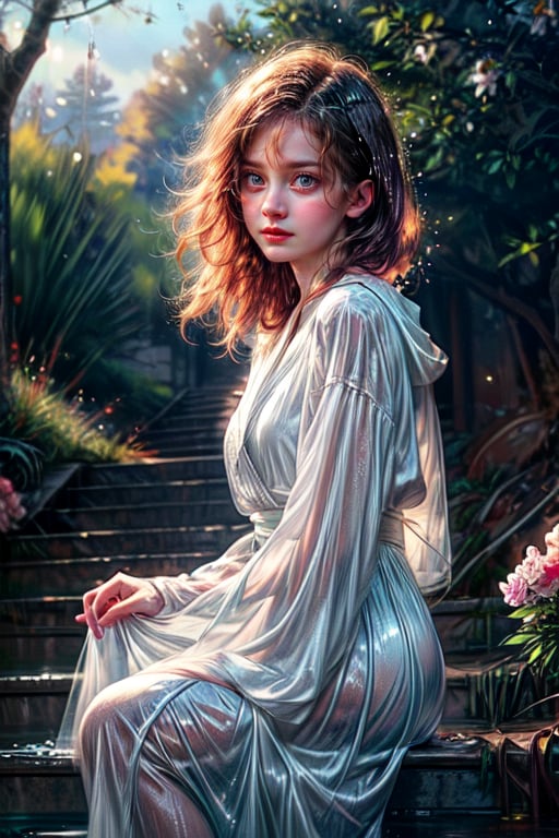 Medieval castle room, Cute girl sitting on the rock stairs soaking feet in the puddle of water, innocent, brown mesh hair, wearing round glasses like Harry Potter, white full skirt dress, (Trees and flowers surrounded the wet steps: 1.4), after rain, bright sun cast on the puddle of water, 5 subtle and beautiful fingers, physiologically correct body, masterpiece, ultra-detailed, high resolution, 8K, HD, realistic rendering, reality-based rendering, Unreal Engine, intricate details, (noise reduction), solo, Detailedface, realism, raw photo, photo, photorealism, photography, 1 girl, young beauty spirit, Enhance, Detailedface, perfect, 1 girl, (8k sharp focus), ultra photorealism, details, color booster, on the road, ((photography_light)), epiC35mm, (facing forward: 1), sparkling background, no makeup, rainbow, translucent colorful robe, model facing viewer