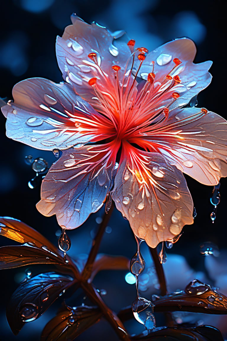 masterpiece, 8k, HDR, best quality, (highly detailed skin), photography, analog style, real life, extremely beautiful, (highly detailed, intricately detailed), (alluring eyes), depiction of a bioluminescent flower with bright, sharp, staring eyes, azalea's petals attached to water droplets, mimics the texture seen in sculptural artwork, delicate combination of oil and marker lines on cracked epoxy glass, ultra-fine illumination, highly stylized and dramatic, (3D) image