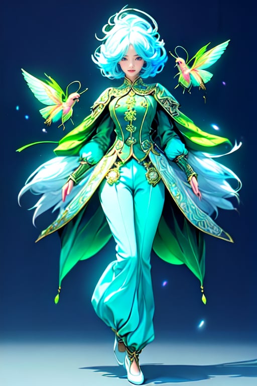 full body, facing the front. A pixel 90s character with humming birds, gears, and clocks for its brain. futuristic style, white and blue hair, Bright, vivid eyes, standing, Complete limbs, face front, Lightly spun magical robes.Sleek and elegant pants 3D high-quality, fantasy, Origami, medieval European, aristocratic, HD LIGHTING, ultra-detailed, Magic, simple background.