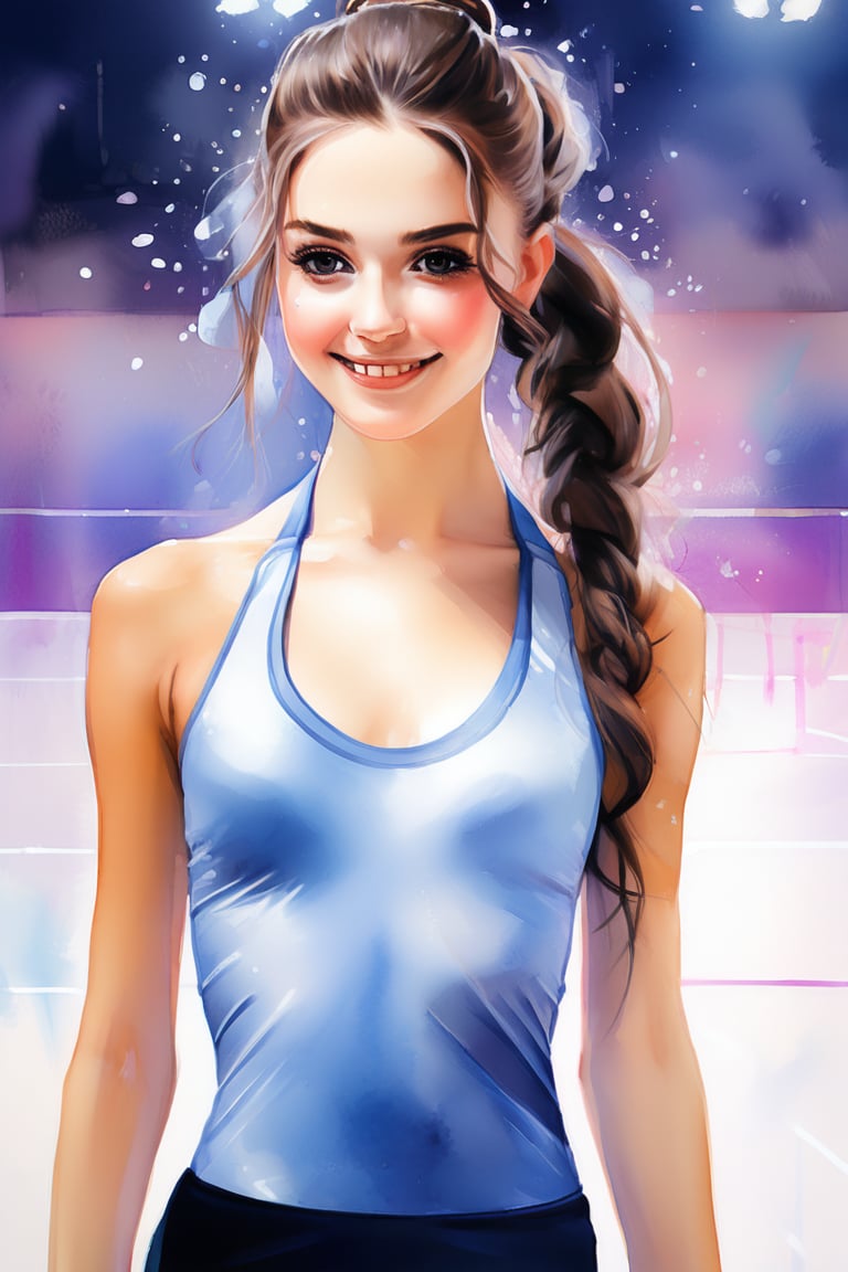 ek_art_b00ster, a pencil sketch of 1girl in pastel art blended with alcohol ink style, dark long hair, chignon, kind smile, a mesmerizing beautiful face, rhythmic gymnastics uniform, unreal engine rendering, masterpiece, best quality, elegant waist