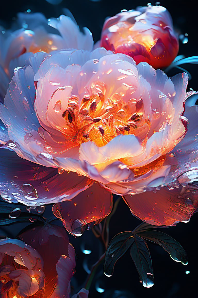 masterpiece, 8k, HDR, best quality, (highly detailed skin), photography, analog style, real life, extremely beautiful, (highly detailed, intricately detailed), (alluring eyes), depiction of a bioluminescent flower with bright, sharp, staring eyes, peonies's petals attached to water droplets, mimics the texture seen in sculptural artwork, delicate combination of oil and marker lines on cracked epoxy glass, ultra-fine illumination, highly stylized and dramatic, (3D) image