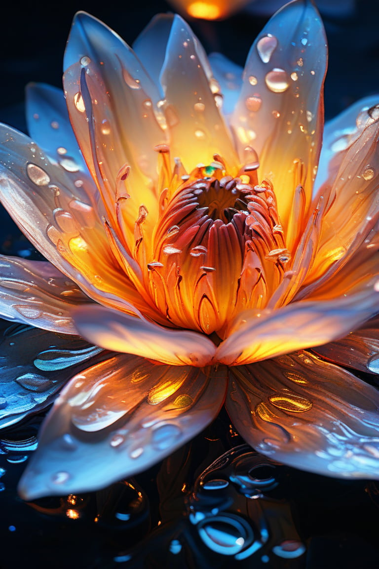 masterpiece, 8k, HDR, best quality, (highly detailed skin), photography, analog style, real life, extremely beautiful, (highly detailed, intricately detailed), (alluring eyes), depiction of a bioluminescent flower with bright, sharp, staring eyes, water-lily's petals attached to water droplets, mimics the texture seen in sculptural artwork, delicate combination of oil and marker lines on cracked epoxy glass, ultra-fine illumination, highly stylized and dramatic, (3D) image