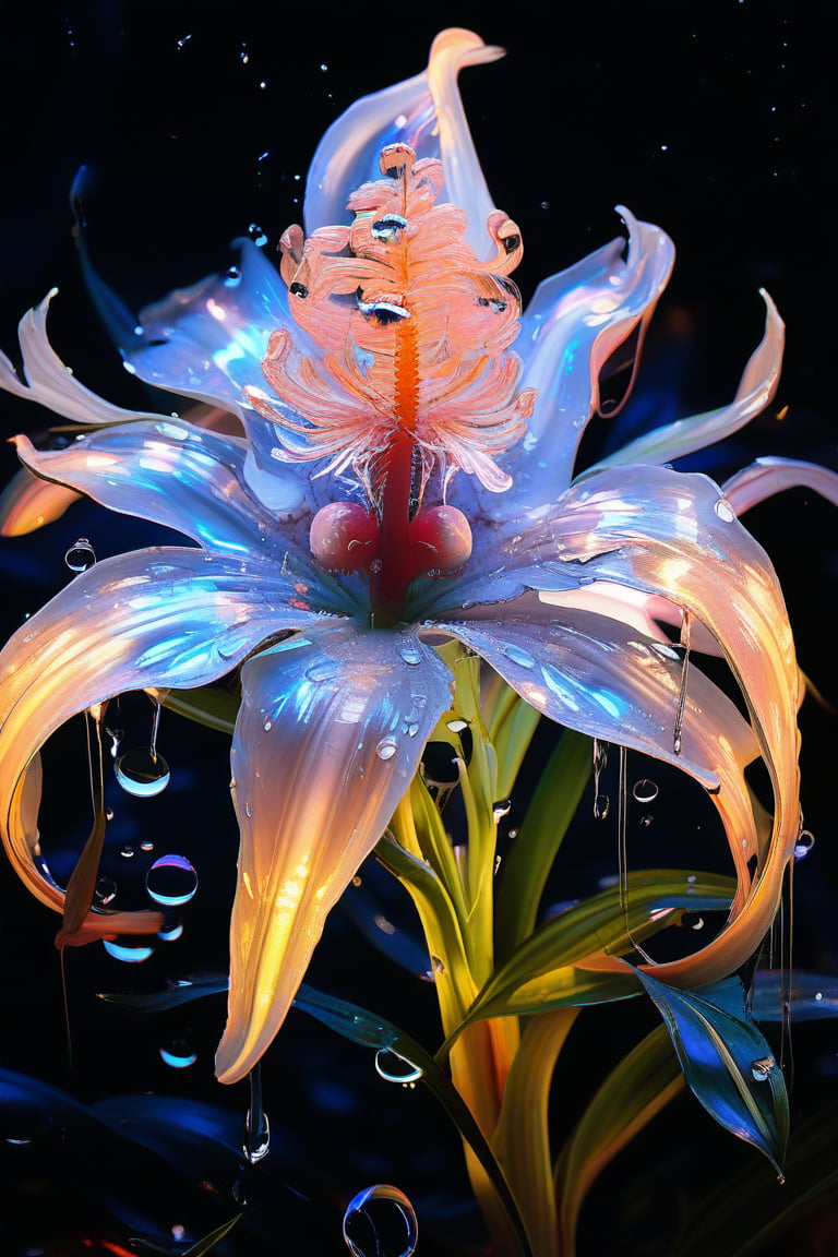 masterpiece, 8k, HDR, best quality, (highly detailed skin), photography, analog style, real life, extremely beautiful, (highly detailed, intricately detailed), (alluring eyes), depiction of a bioluminescent flower with bright, sharp, staring eyes, Spathiphyllum's petals attached to water droplets, mimics the texture seen in sculptural artwork, delicate combination of oil and marker lines on cracked epoxy glass, ultra-fine illumination, highly stylized and dramatic, (3D) image