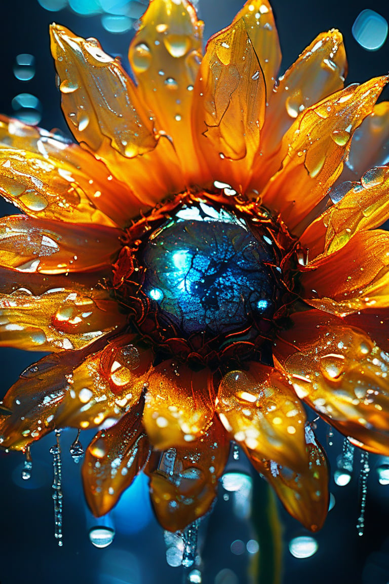 masterpiece, 8k, HDR, best quality, (highly detailed skin), photography, analog style, real life, extremely beautiful, (highly detailed, intricately detailed), (alluring eyes), depiction of a bioluminescent flower with bright, sharp, staring eyes, sunflower's petals attached to water droplets, mimics the texture seen in sculptural artwork, delicate combination of oil and marker lines on cracked epoxy glass, ultra-fine illumination, highly stylized and dramatic, (3D) image