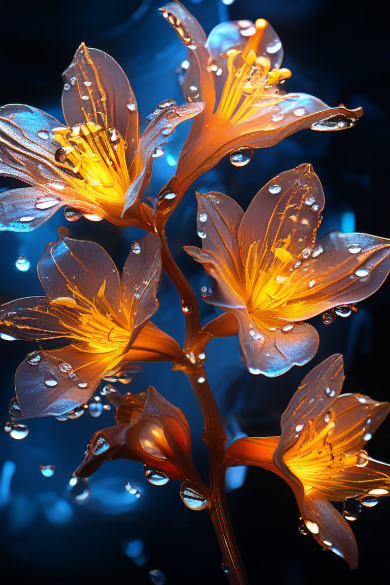 masterpiece, 8k, HDR, best quality, (highly detailed skin), photography, analog style, real life, extremely beautiful, (highly detailed, intricately detailed), (alluring eyes), depiction of a bioluminescent flower with bright, sharp, staring eyes, Cassia fistula's petals attached to water droplets, mimics the texture seen in sculptural artwork, delicate combination of oil and marker lines on cracked epoxy glass, ultra-fine illumination, highly stylized and dramatic, (3D) image