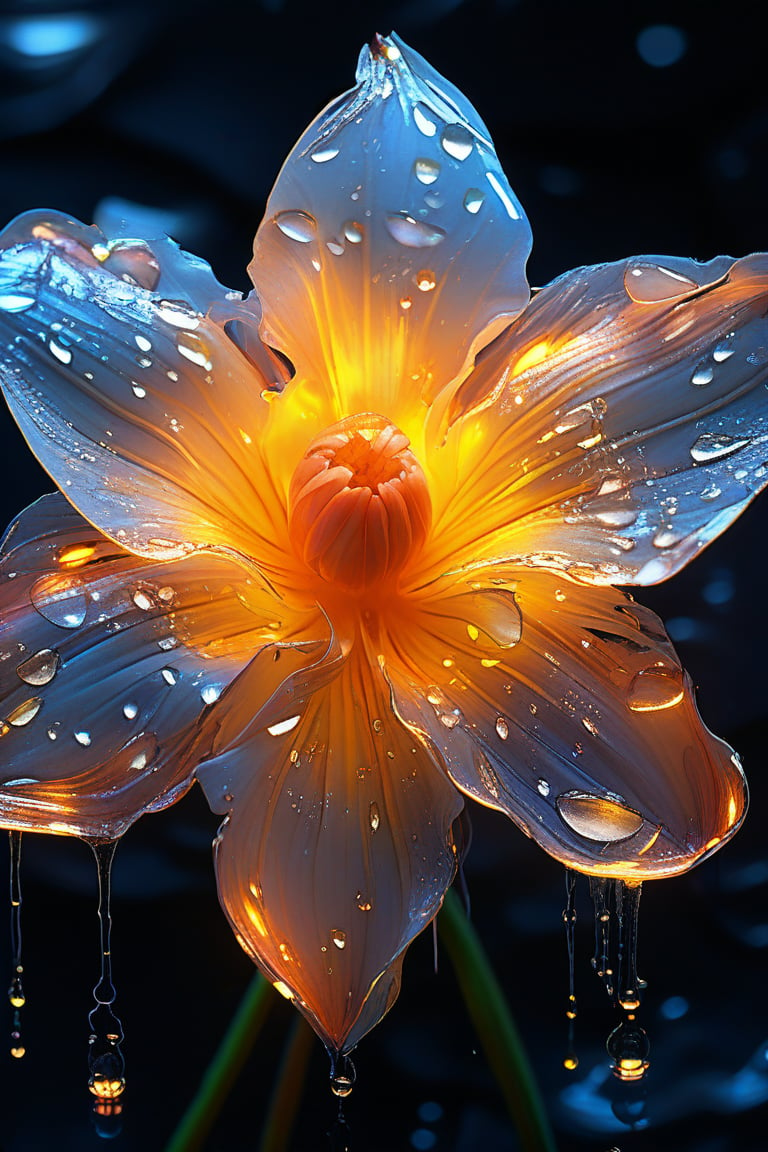 masterpiece, 8k, HDR, best quality, (highly detailed skin), photography, analog style, real life, extremely beautiful, (highly detailed, intricately detailed), (alluring eyes), depiction of a bioluminescent flower with bright, sharp, staring eyes, narcissus's petals attached to water droplets, mimics the texture seen in sculptural artwork, delicate combination of oil and marker lines on cracked epoxy glass, ultra-fine illumination, highly stylized and dramatic, (3D) image