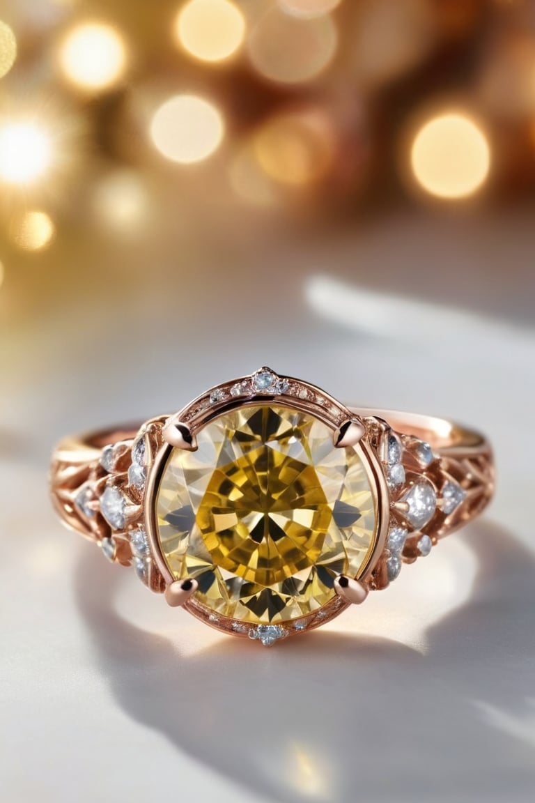 Imagine the following scene:

a yellow diamond ring with intricate copper adornment and has many details that adorn and embellish the ring, sparkle, glow blur background, decorated placement

(photorealistic), masterpiece: 1.5, beautiful lighting, best quality, beautiful lighting, realistic and natural image, intricate details, everything in focus, perfect focus, photography, masterpiece, small nuances, Supreme Resolution, 32K, ultra-sharp quality and details.