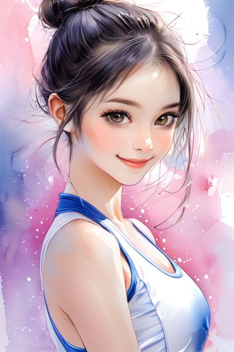 ek_art_b00ster, a pencil sketch of 1girl in pastel art blended with alcohol ink style, dark long hair, chignon, kind smile, a mesmerizing beautiful face, rhythmic gymnastics uniform, unreal engine rendering, masterpiece, best quality, elegant waist