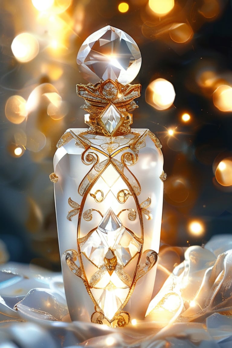 a white diamond rectangular potion with intricate gold adornment, sparkle, glow blur background, decorated placement
