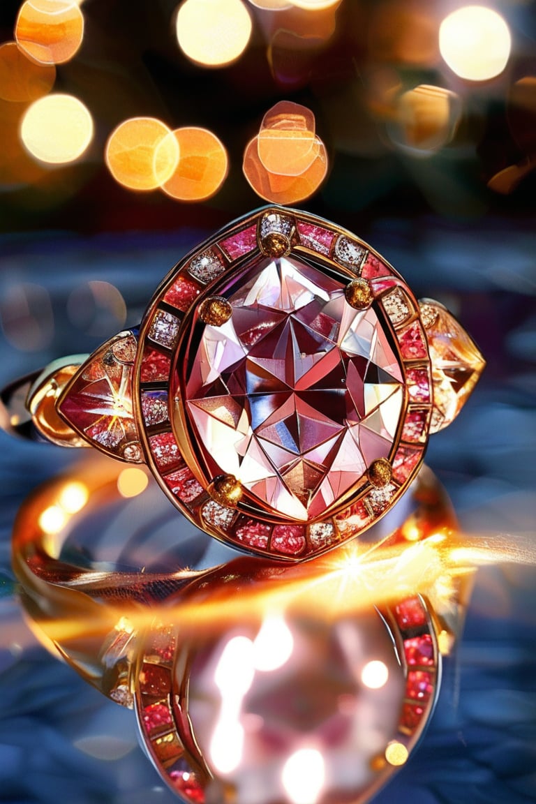 a pink glowing diamond ring with intricate gold adornment and has many details that adorn and embellish the ring, sparkle, glow, blur background, decorated placement
