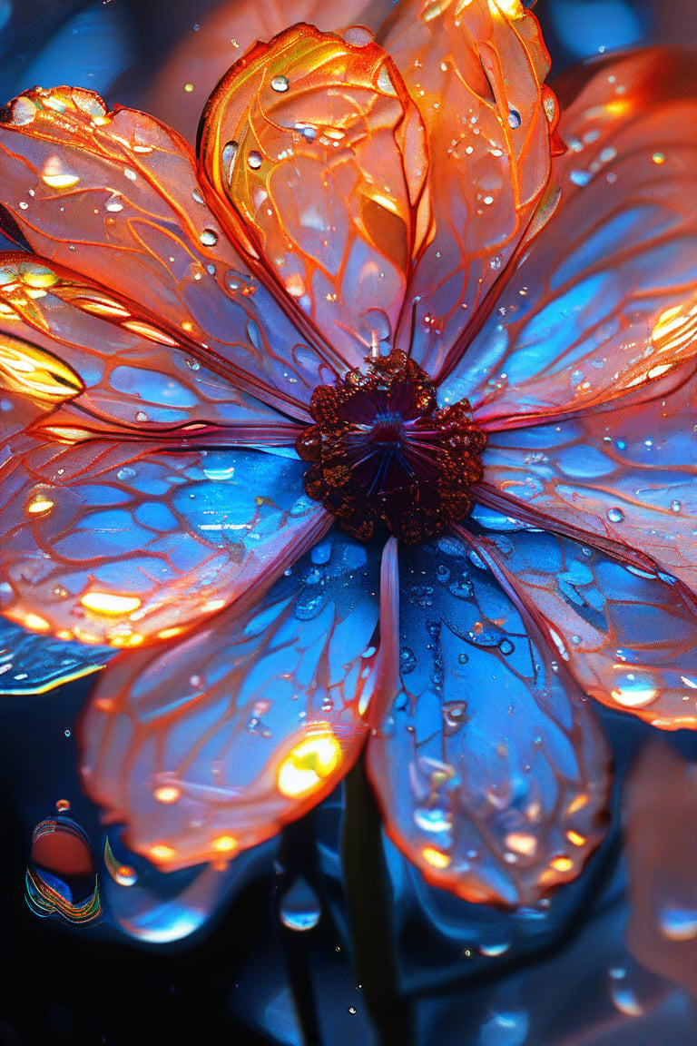 masterpiece, 8k, HDR, best quality, (highly detailed skin), photography, analog style, real life, extremely beautiful, (highly detailed, intricately detailed), (alluring eyes), depiction of a bioluminescent flower with bright, sharp, staring eyes, Papilionanthe Miss Joaquim's petals attached to water droplets, mimics the texture seen in sculptural artwork, delicate combination of oil and marker lines on cracked epoxy glass, ultra-fine illumination, highly stylized and dramatic, (3D) image