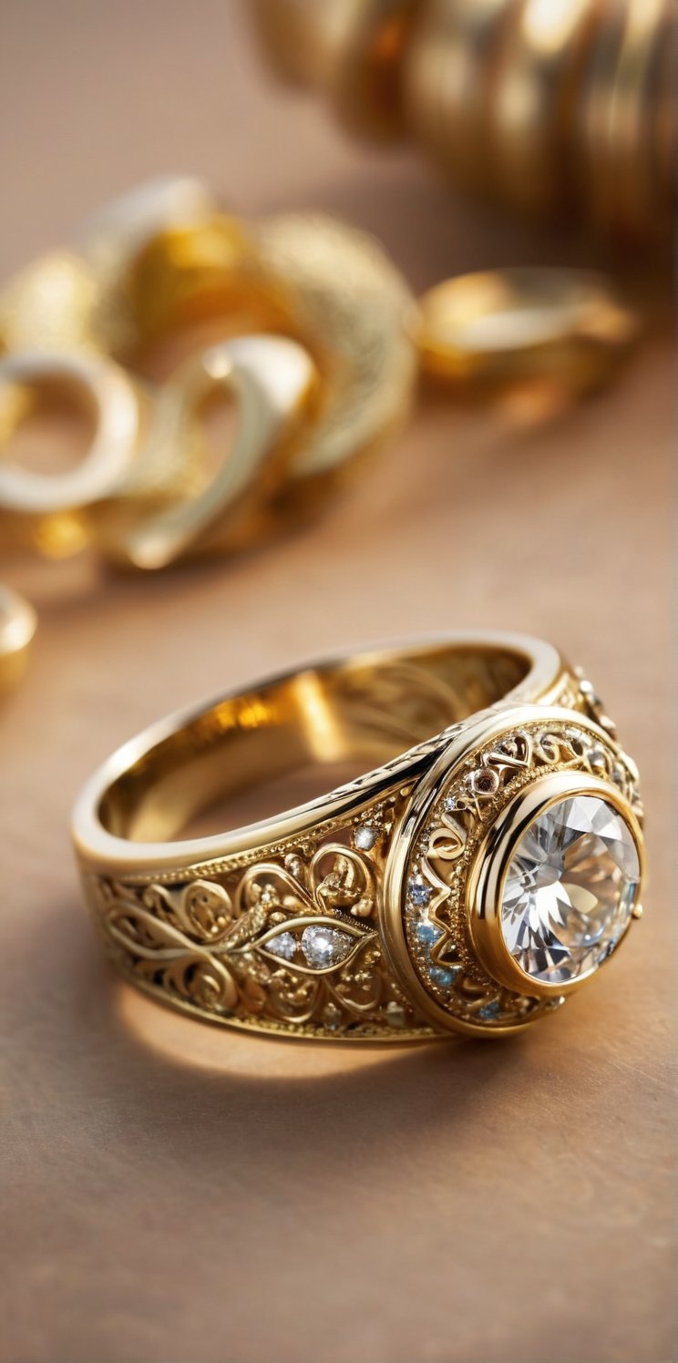 Imagine the following scene:

a persian ring with intricate gold adornment and has many details that adorn and embellish the ring, sparkle, glow blur background, decorated placement

(photorealistic), masterpiece: 1.5, beautiful lighting, best quality, beautiful lighting, realistic and natural image, intricate details, everything in focus, perfect focus, photography, masterpiece, small nuances, Supreme Resolution, 32K, ultra-sharp quality and details.