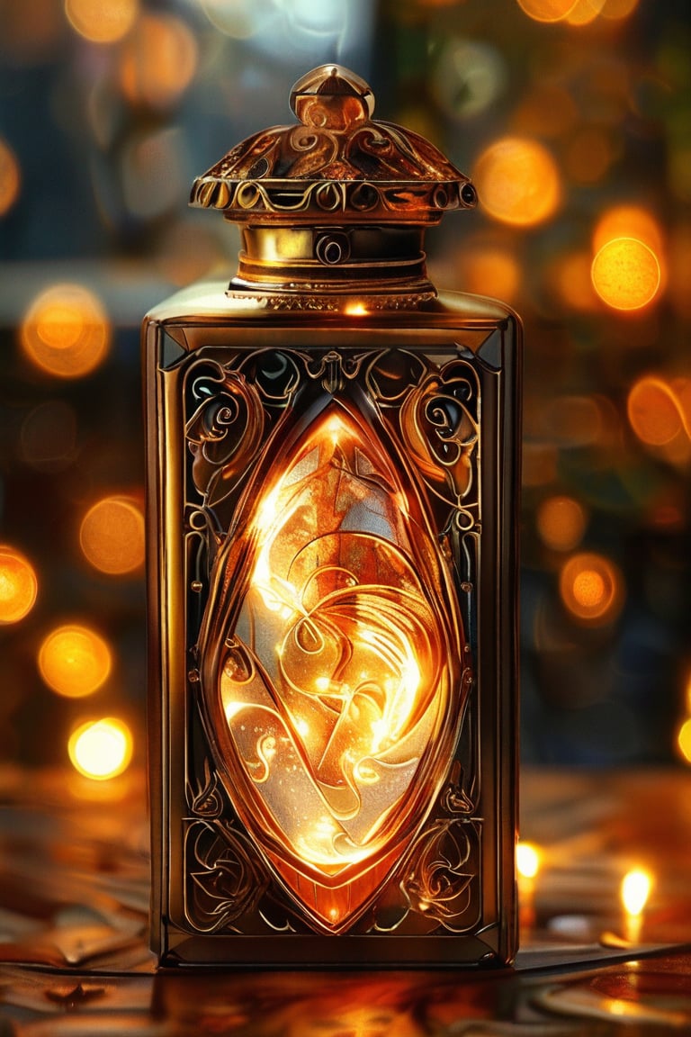 a bronze rectangular potion with intricate gold adornment, sparkle, glow blur background, decorated placement
