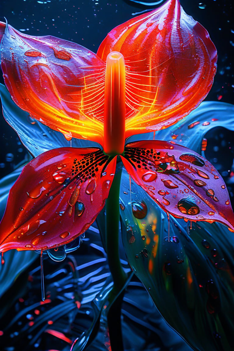 masterpiece, 8k, HDR, best quality, (highly detailed skin), photography, analog style, real life, extremely beautiful, (highly detailed, intricately detailed), (alluring eyes), depiction of a bioluminescent flower with bright, sharp, staring eyes, Anthurium's petals attached to water droplets, mimics the texture seen in sculptural artwork, delicate combination of oil and marker lines on cracked epoxy glass, ultra-fine illumination, highly stylized and dramatic, (3D) image