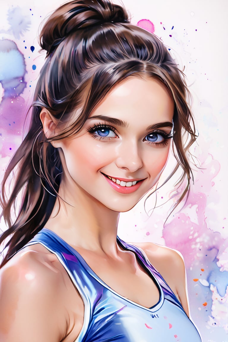 ek_art_b00ster, a pencil sketch of 1girl in pastel art blended with alcohol ink style, dark long hair, chignon, kind smile, a mesmerizing beautiful face, rhythmic gymnastics uniform, unreal engine rendering, masterpiece, best quality, elegant waist