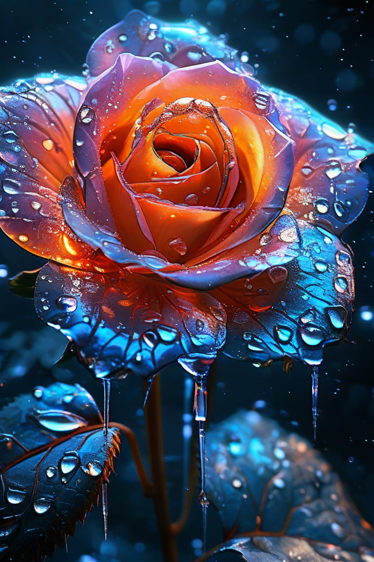 masterpiece, 8k, HDR, best quality, (highly detailed skin), photography, analog style, real life, extremely beautiful, (highly detailed, intricately detailed), (alluring eyes), depiction of a bioluminescent flower with bright, sharp, staring eyes, rose's petals attached to water droplets, mimics the texture seen in sculptural artwork, delicate combination of oil and marker lines on cracked epoxy glass, ultra-fine illumination, highly stylized and dramatic, (3D) image