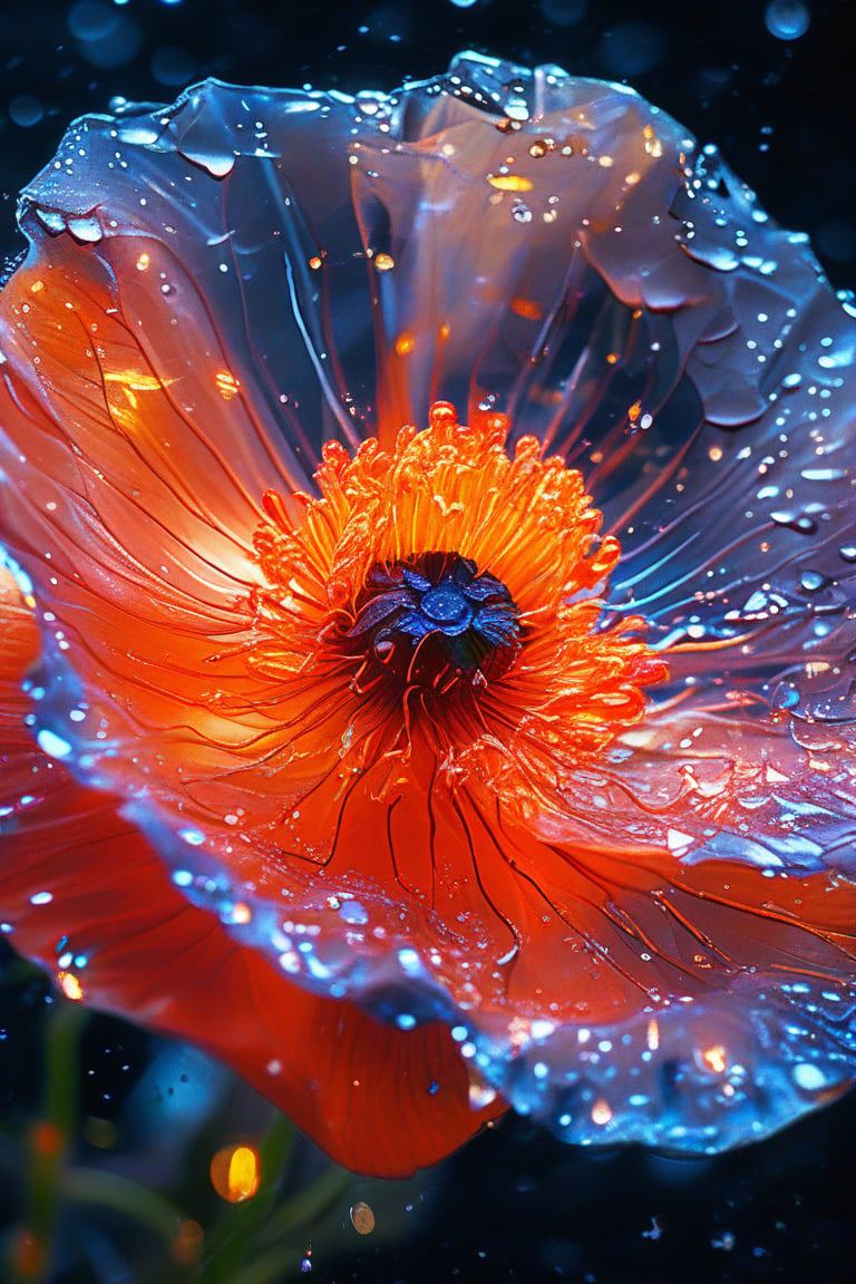 masterpiece, 8k, HDR, best quality, (highly detailed skin), photography, analog style, real life, extremely beautiful, (highly detailed, intricately detailed), (alluring eyes), depiction of a bioluminescent flower with bright, sharp, staring eyes, poppy's petals attached to water droplets, mimics the texture seen in sculptural artwork, delicate combination of oil and marker lines on cracked epoxy glass, ultra-fine illumination, highly stylized and dramatic, (3D) image